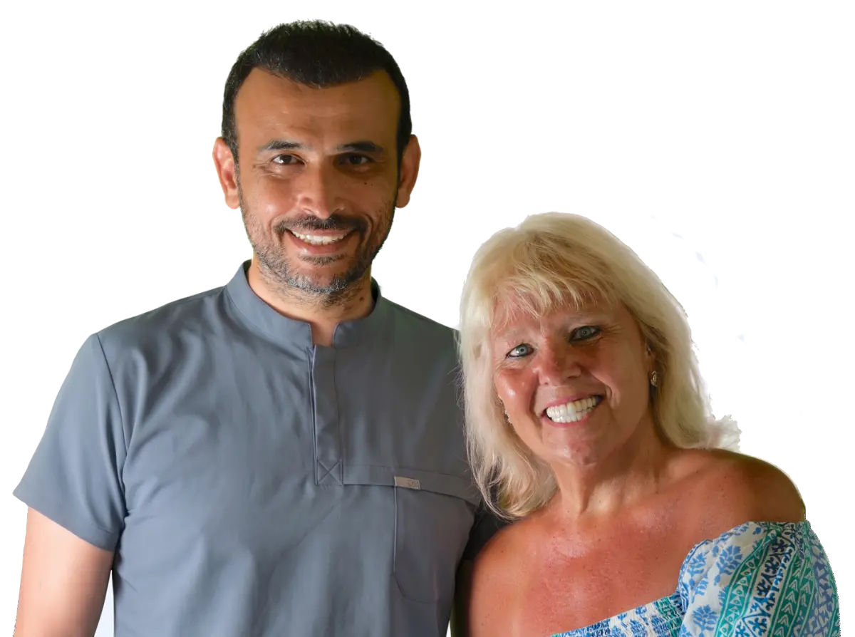 Dr Onur Tarakçı with Marilyn, a full-mouth restoration patient from Liverpool